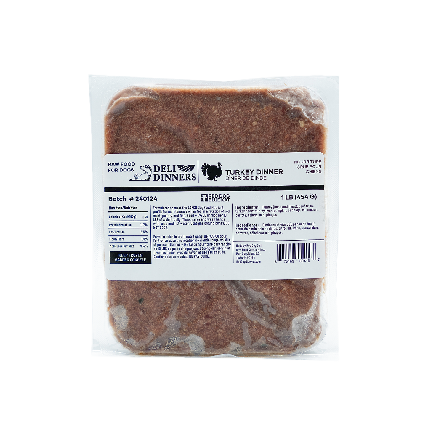 Deli Dinners | Turkey Dinner for Dogs 1 lb SINGLES (Case 6 CT) Red Dog Blue Kat