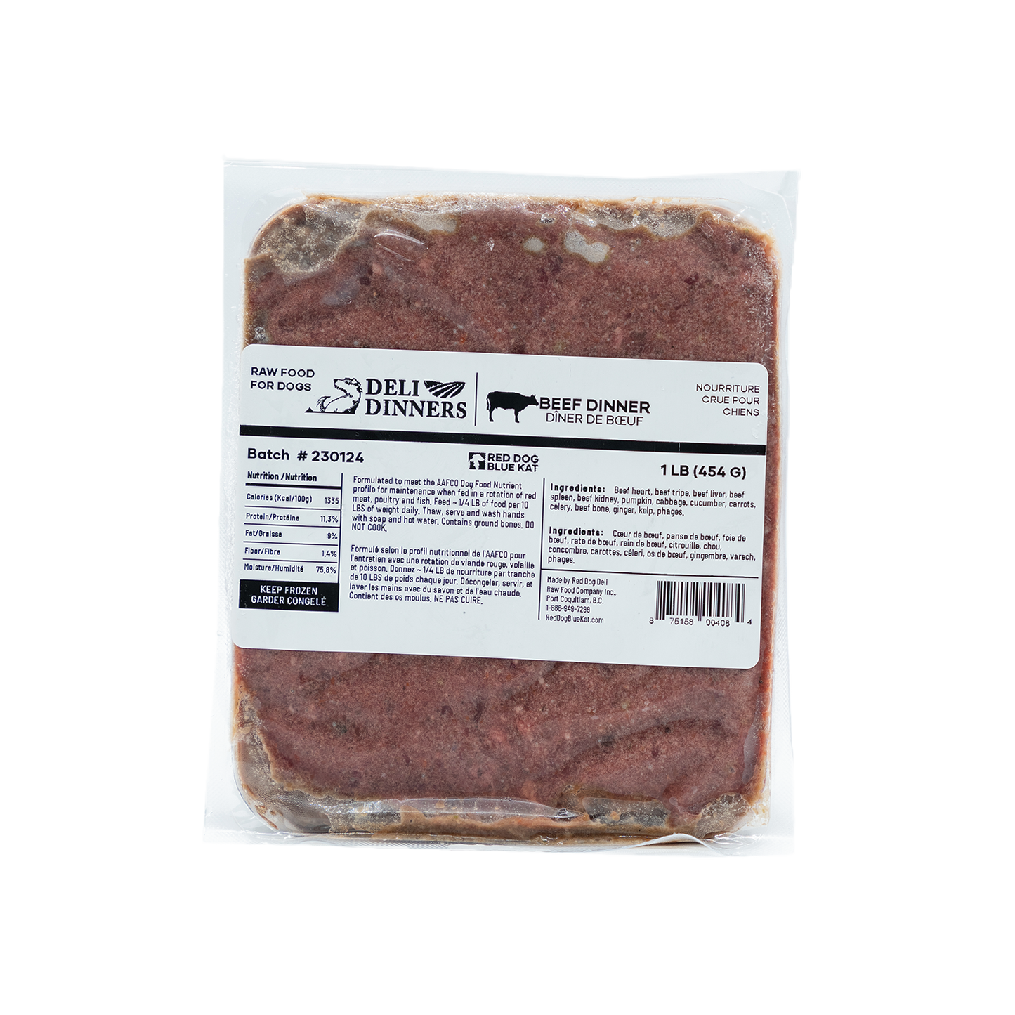 Deli Dinners | Beef Dinner for Dogs 1 lb SINGLES (Case 6 CT) Red Dog Blue Kat