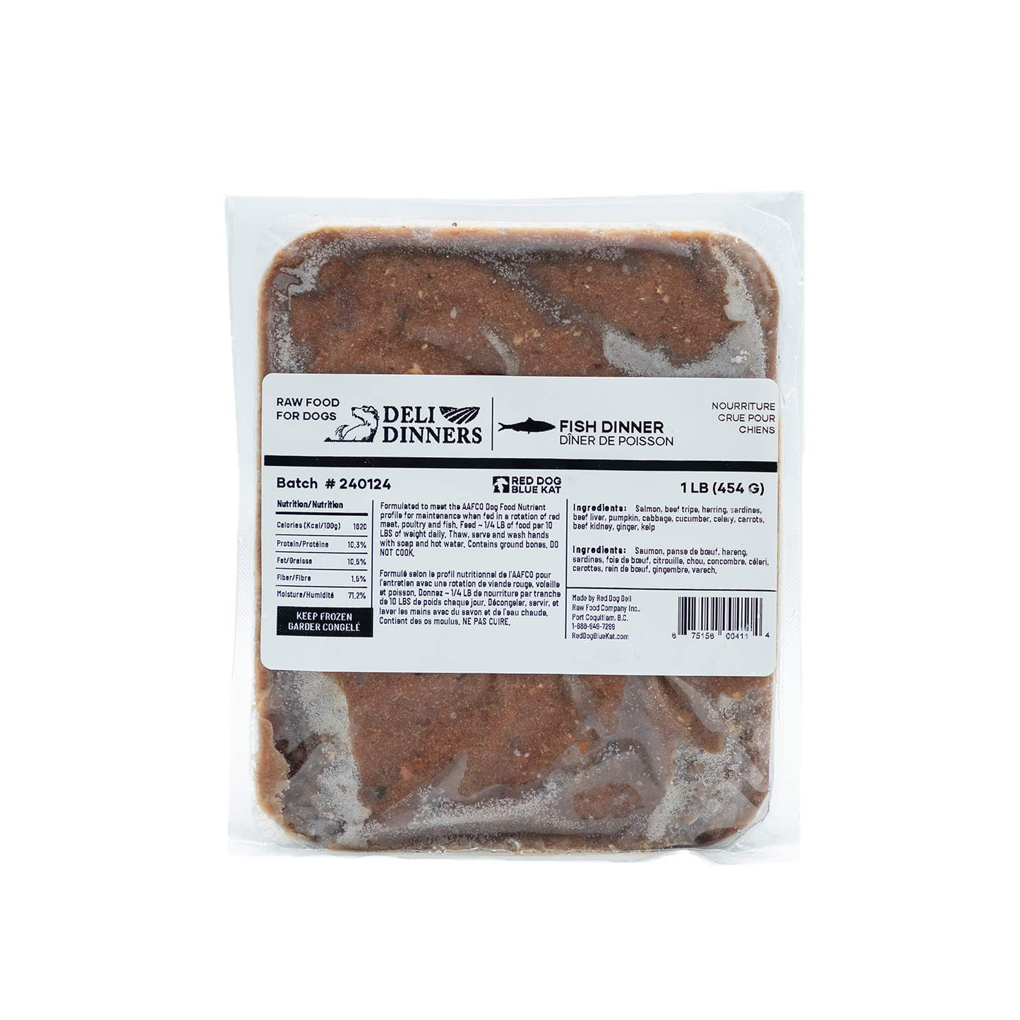 Deli Dinners | Fish Dinner for Dogs 1 lb BOX (Case 6 CT) Red Dog Blue Kat