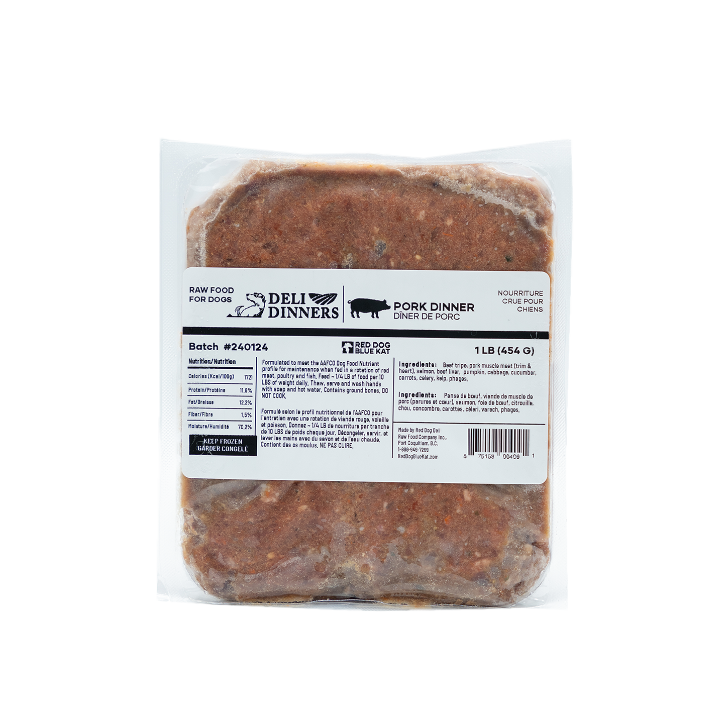 Deli Dinners | Pork Dinner for Dogs 1 lb BOX (Case 6 CT) Red Dog Blue Kat