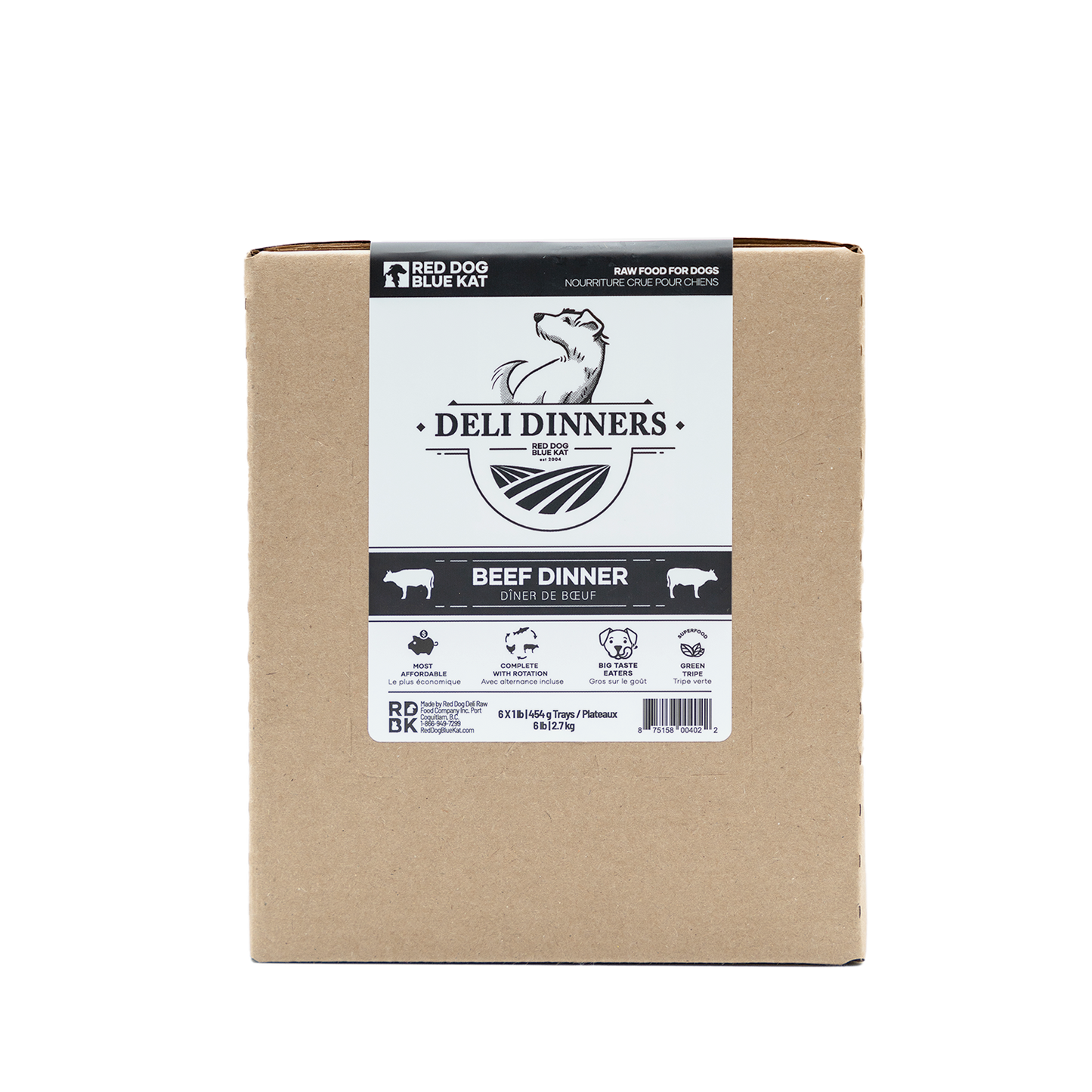 Deli Dinners | Beef Dinner for Dogs 1 lb BOX (Case 6 CT) Red Dog Blue Kat