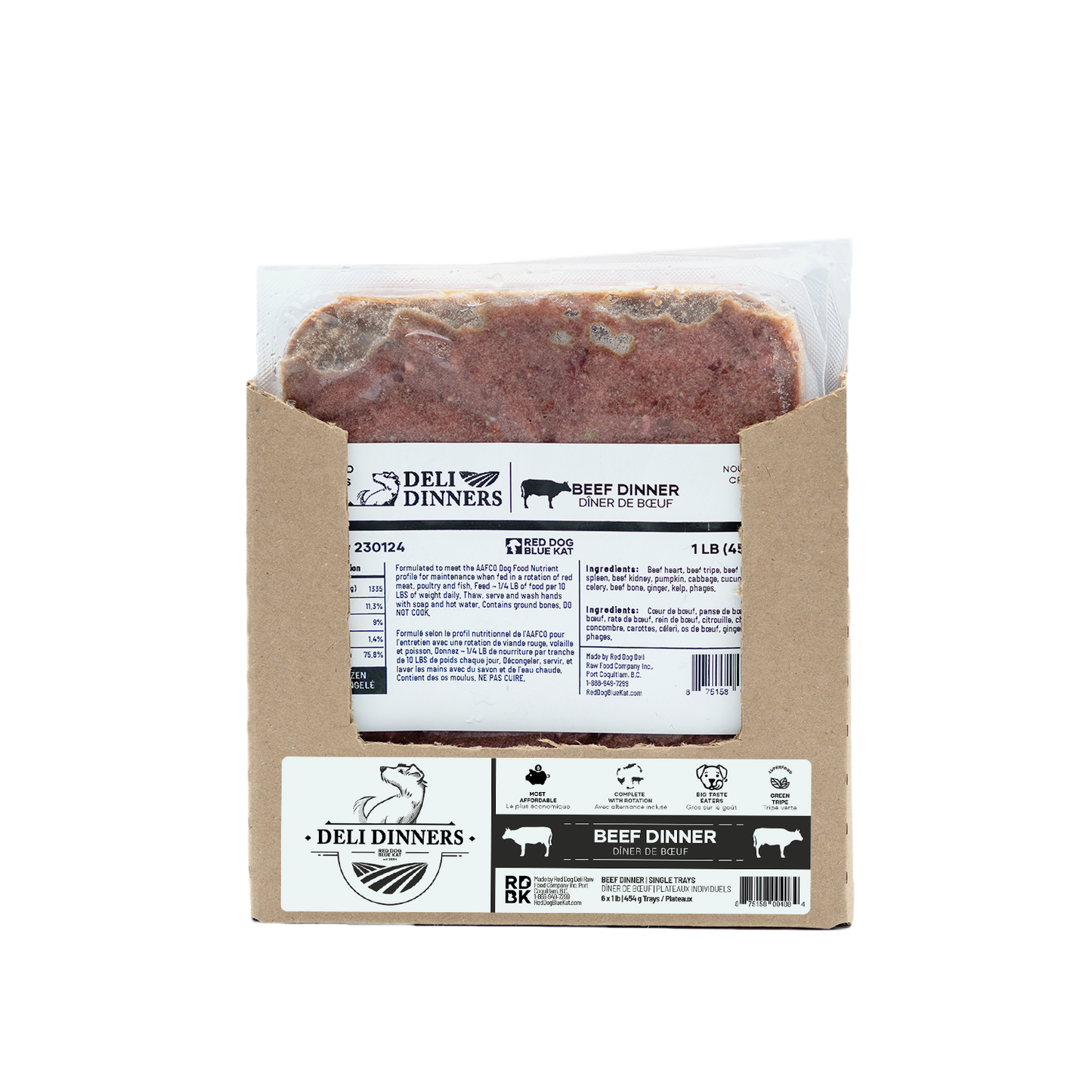 Deli Dinners | Beef Dinner for Dogs 1 lb SINGLES (Case 6 CT) Red Dog Blue Kat