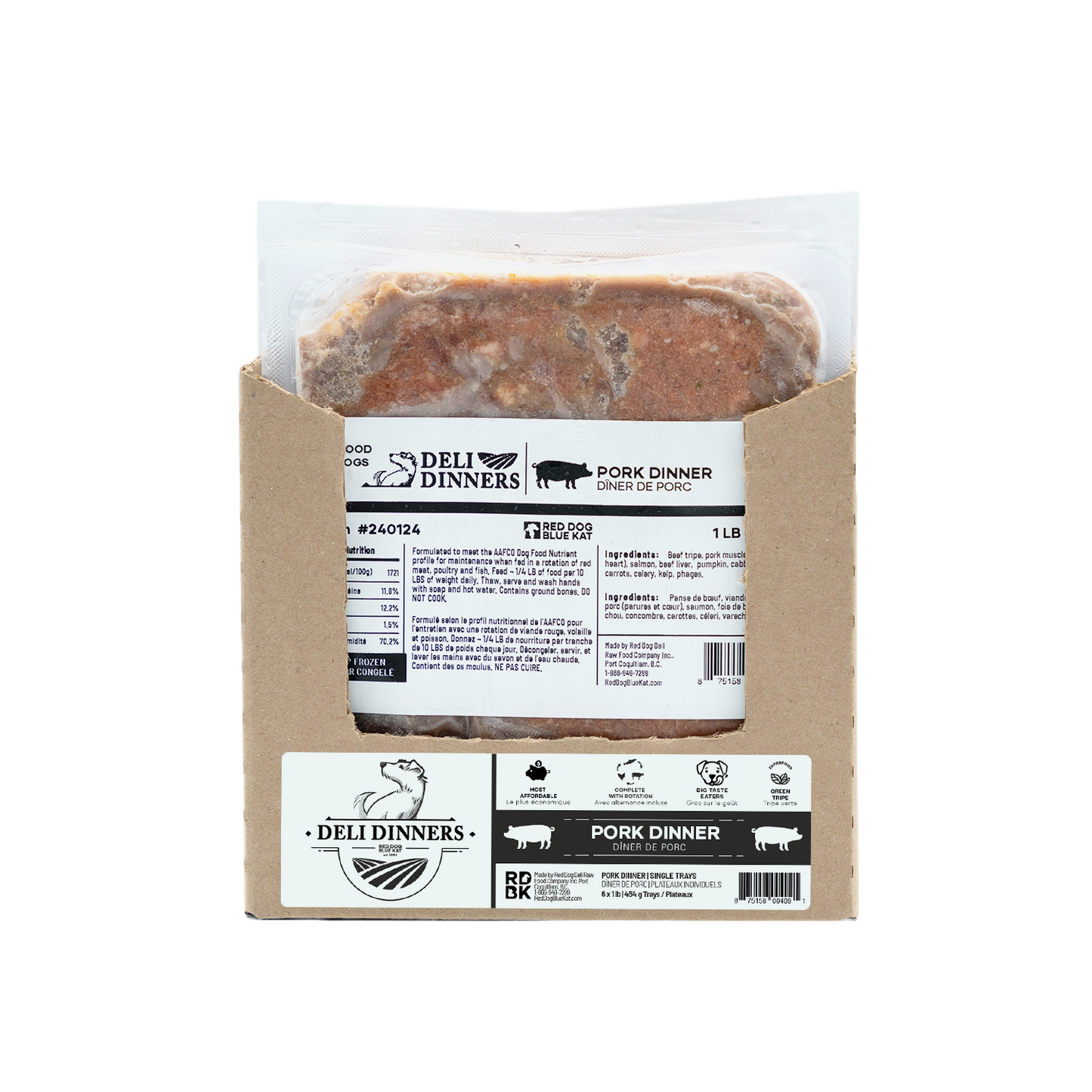 Deli Dinners | Pork Dinner for Dogs 1 lb SINGLES (Case 6 CT) Red Dog Blue Kat