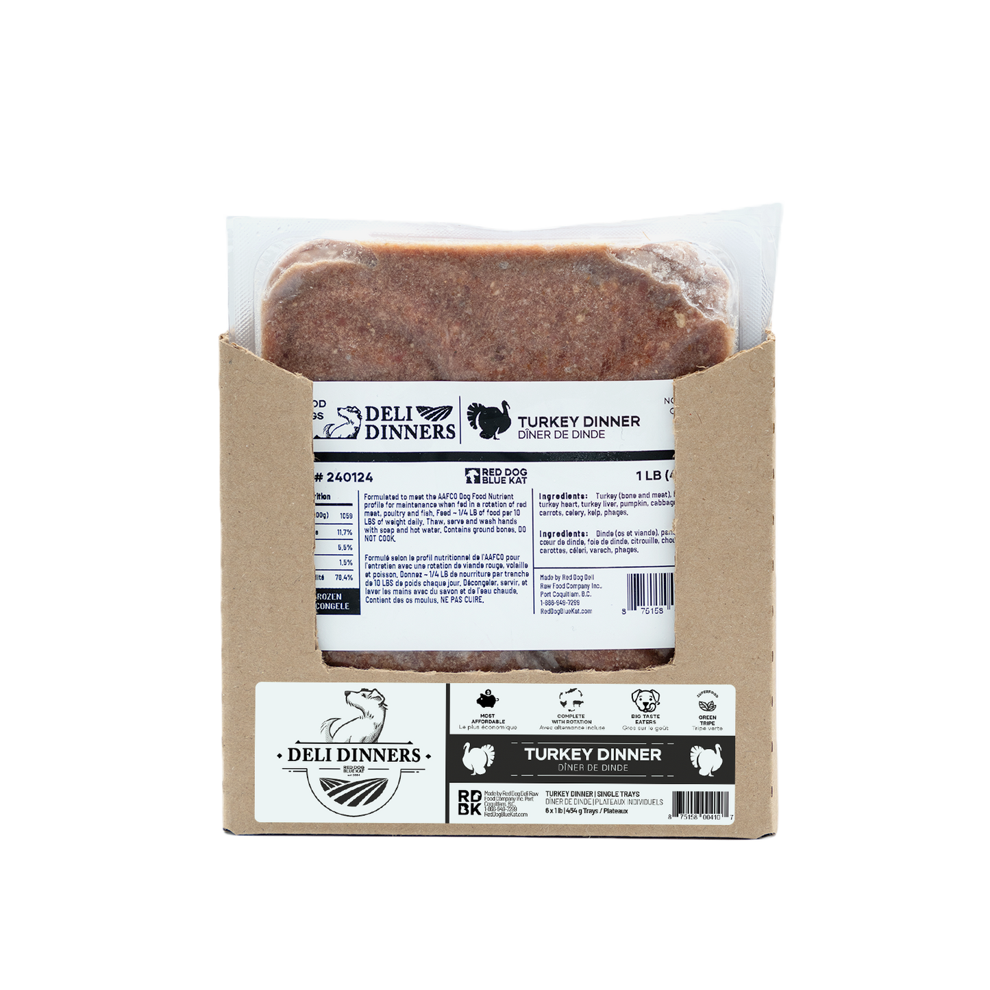 Deli Dinners | Turkey Dinner for Dogs 1 lb SINGLES (Case 6 CT) Red Dog Blue Kat