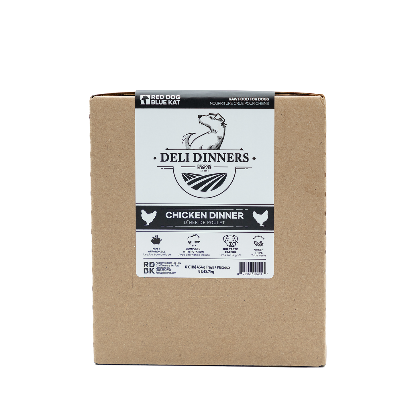 Deli Dinners | Chicken Dinner for Dogs 1 lb BOX (Case 6 CT) Red Dog Blue Kat