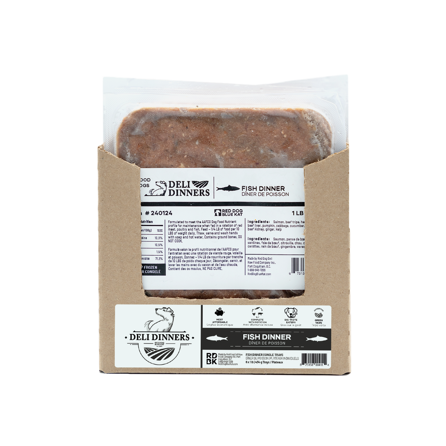 Deli Dinners | Fish Dinner for Dogs 1 lb SINGLES (Case 6 CT) Red Dog Blue Kat