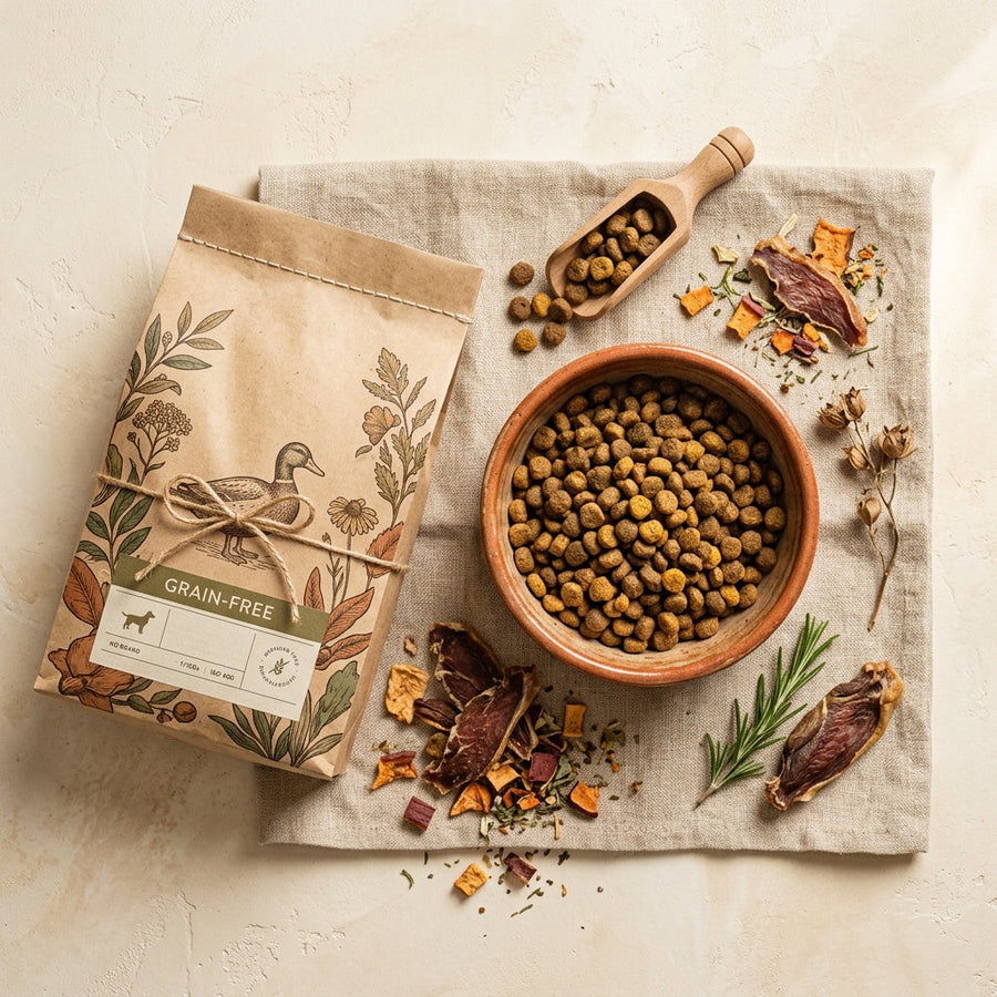 Dry dog food in a bowl beside a bag of kibble and dried ingredients
