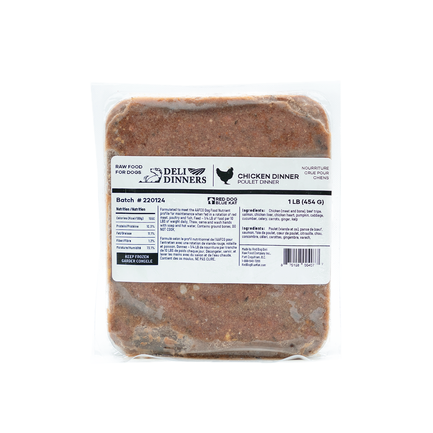 Deli Dinners | Chicken Dinner for Dogs 1 lb BOX (Case 6 CT) Red Dog Blue Kat