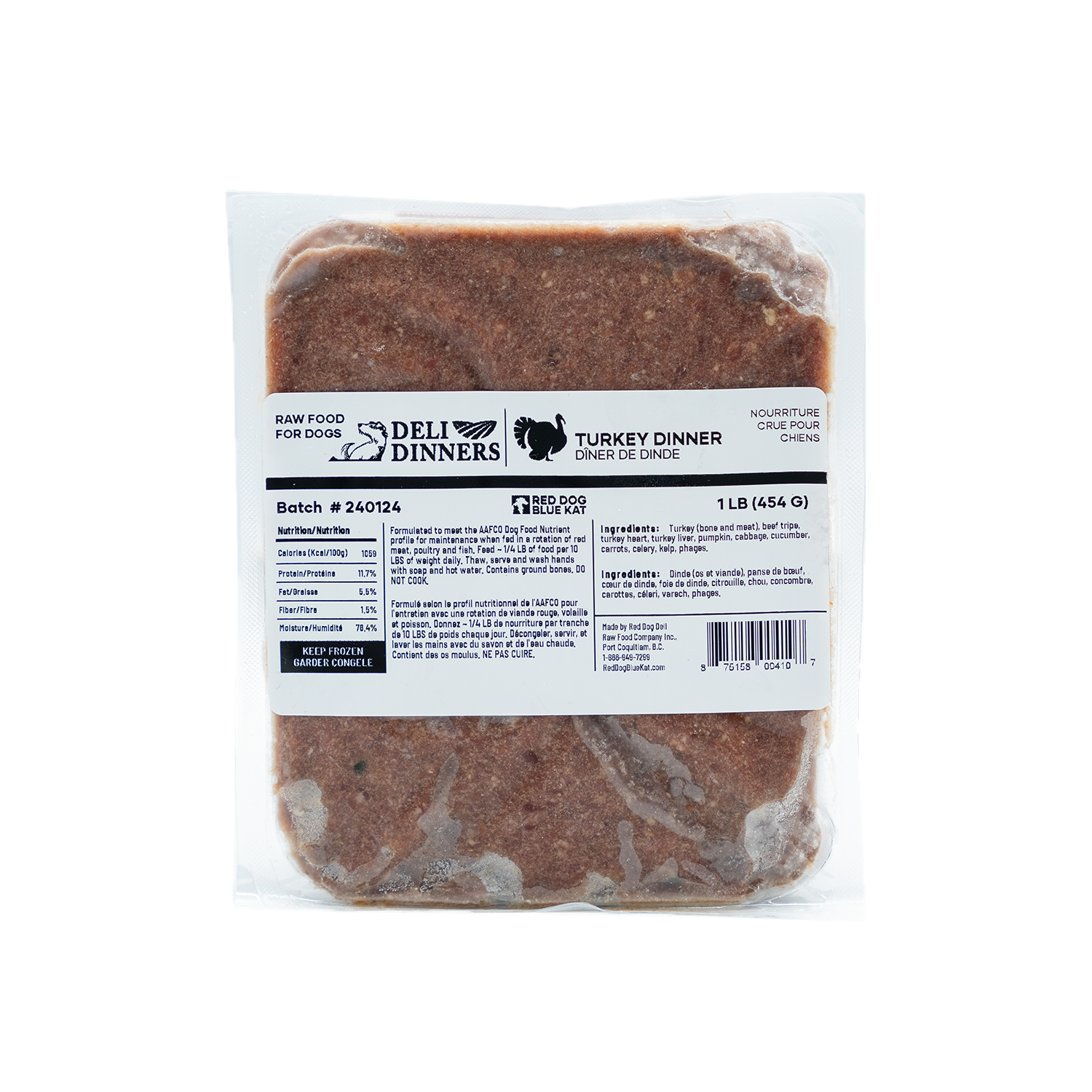 Deli Dinners | Turkey Dinner for Dogs 1 lb SINGLES (Case 6 CT) Red Dog Blue Kat