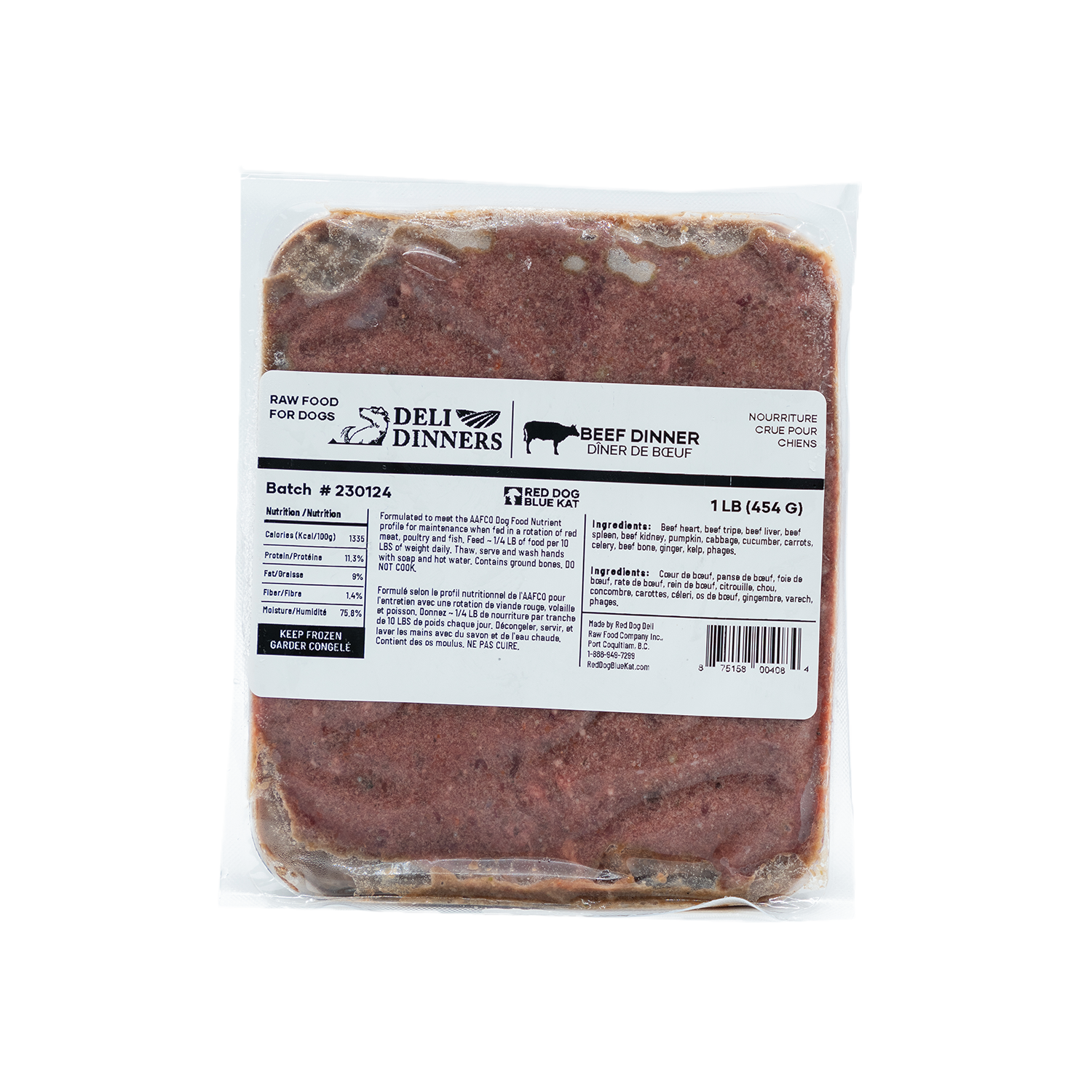 Deli Dinners | Beef Dinner for Dogs 1 lb SINGLES (Case 6 CT) Red Dog Blue Kat
