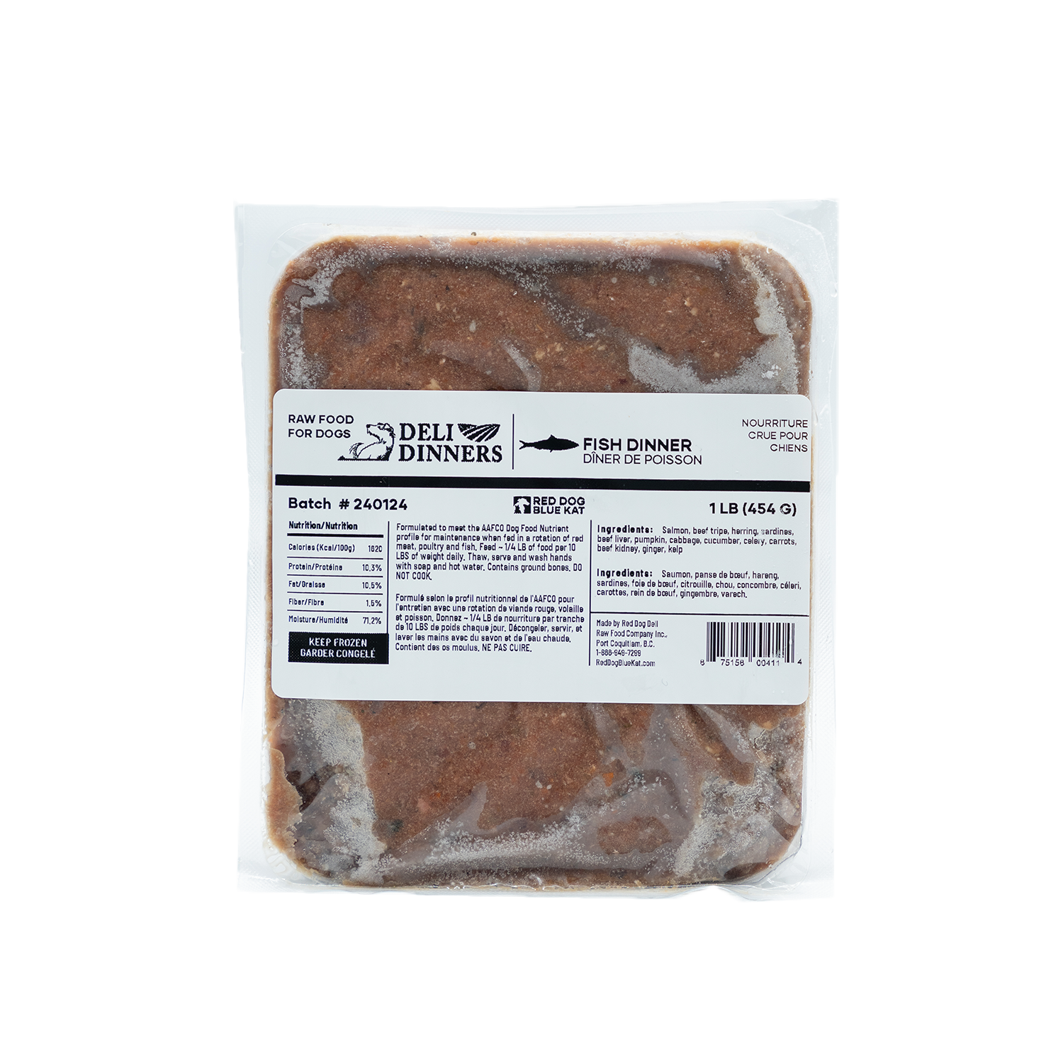 Deli Dinners | Fish Dinner for Dogs 1 lb BOX (Case 6 CT) Red Dog Blue Kat