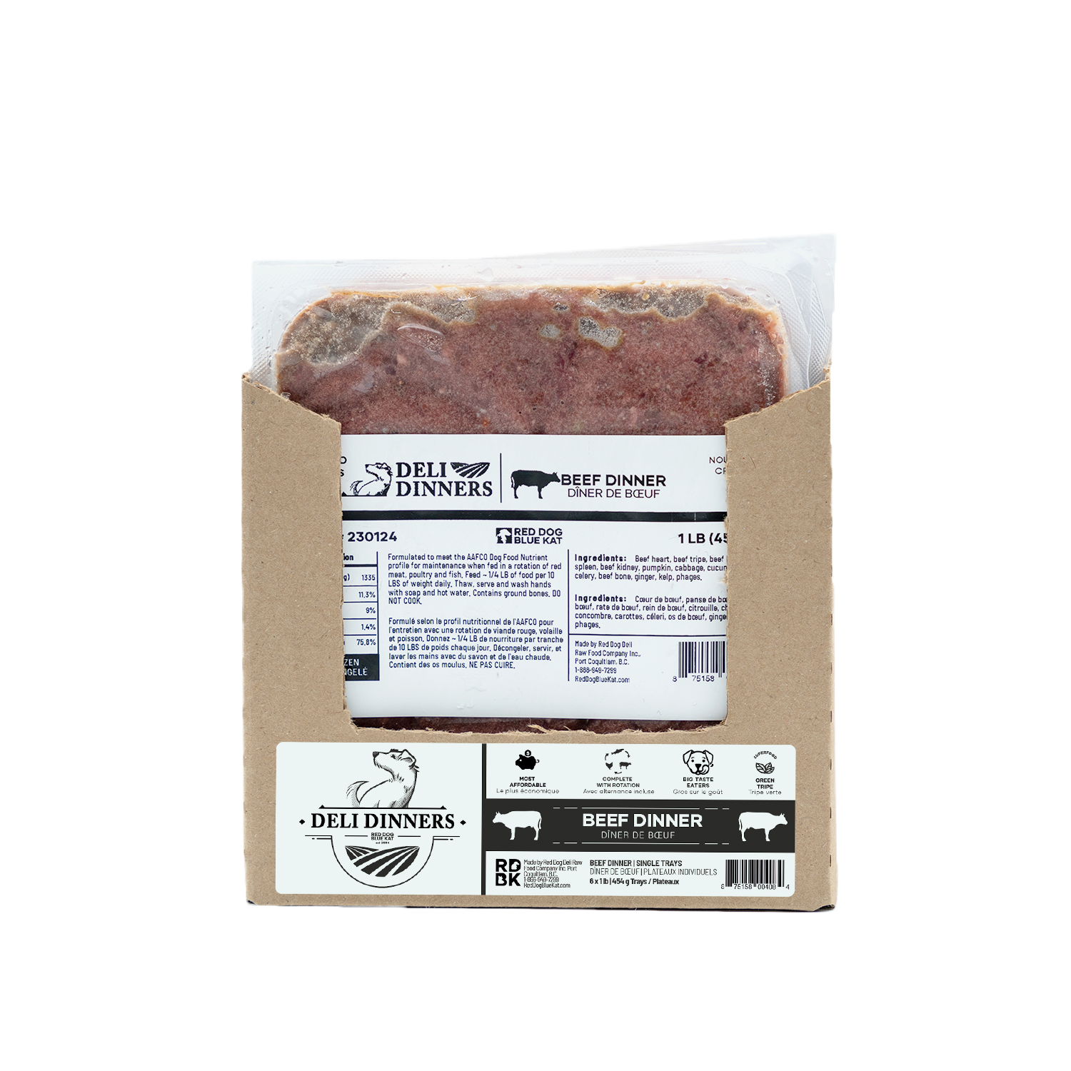 Deli Dinners | Beef Dinner for Dogs 1 lb SINGLES (Case 6 CT) Red Dog Blue Kat