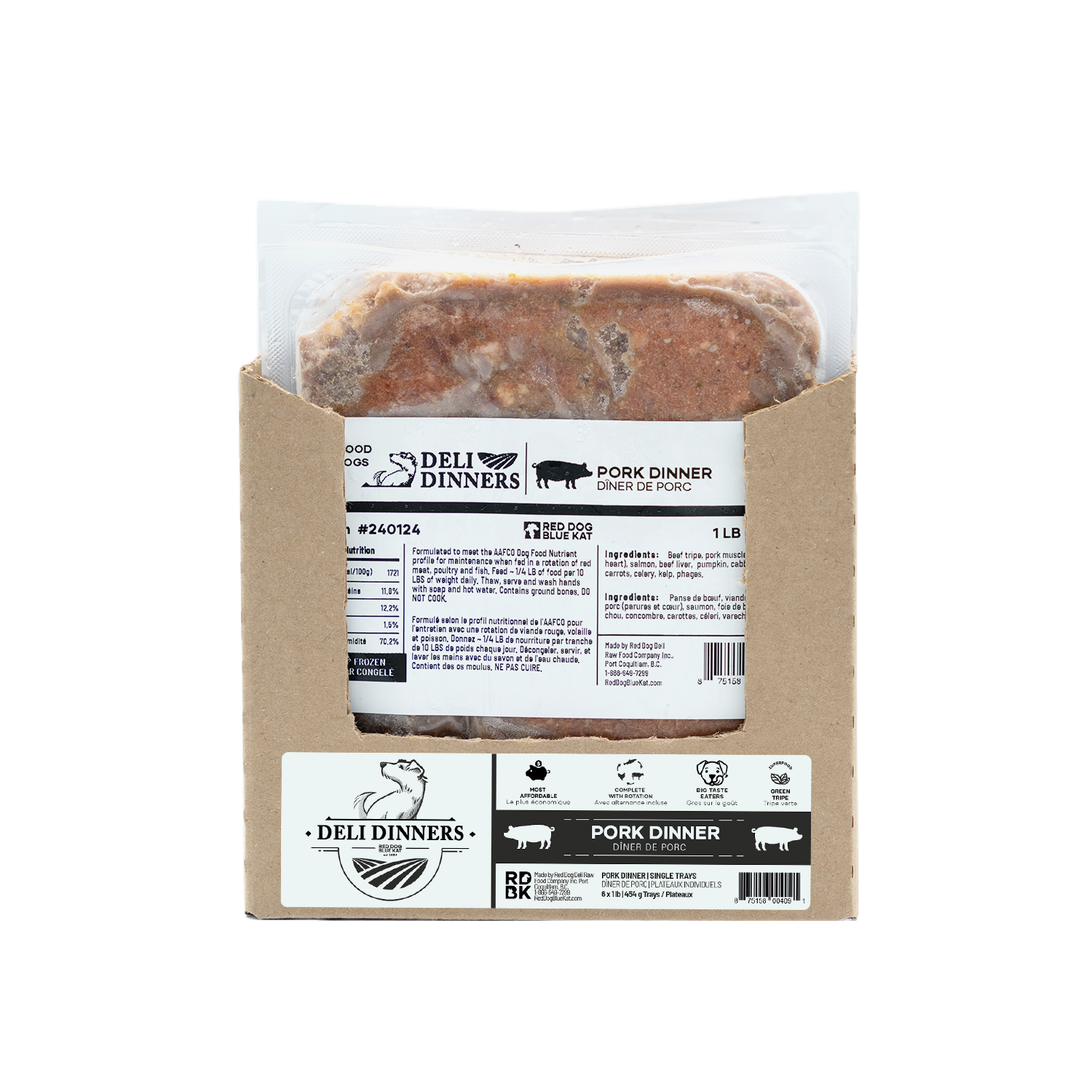 Deli Dinners | Pork Dinner for Dogs 1 lb SINGLES (Case 6 CT) Red Dog Blue Kat