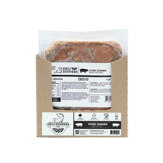 Deli Dinners | Pork Dinner for Dogs 1 lb SINGLES (Case 6 CT) Red Dog Blue Kat