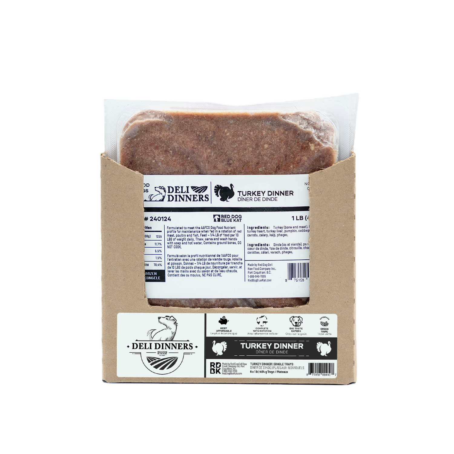 Deli Dinners | Turkey Dinner for Dogs 1 lb SINGLES (Case 6 CT) Red Dog Blue Kat