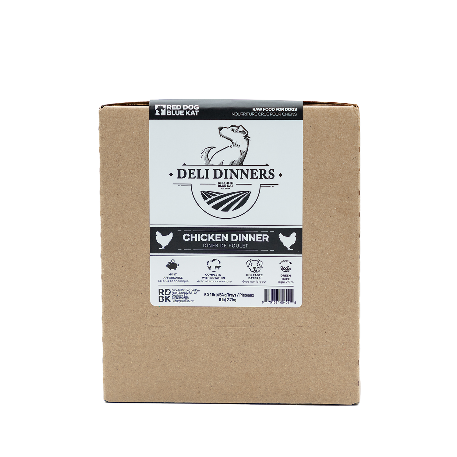 Deli Dinners | Chicken Dinner for Dogs 1 lb BOX (Case 6 CT) Red Dog Blue Kat