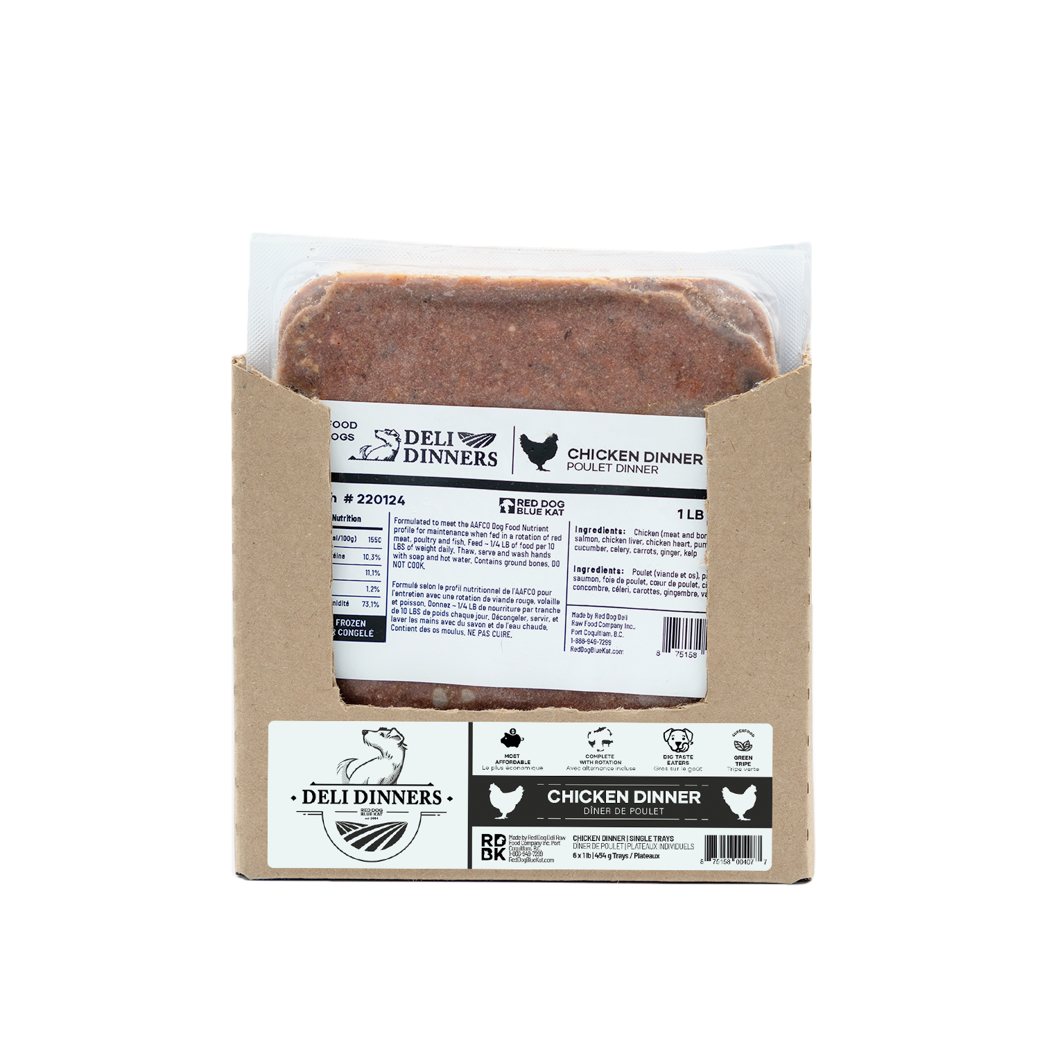 Deli Dinners | Chicken Dinner for Dogs 1 lb SINGLES (Case 6 CT) Red Dog Blue Kat