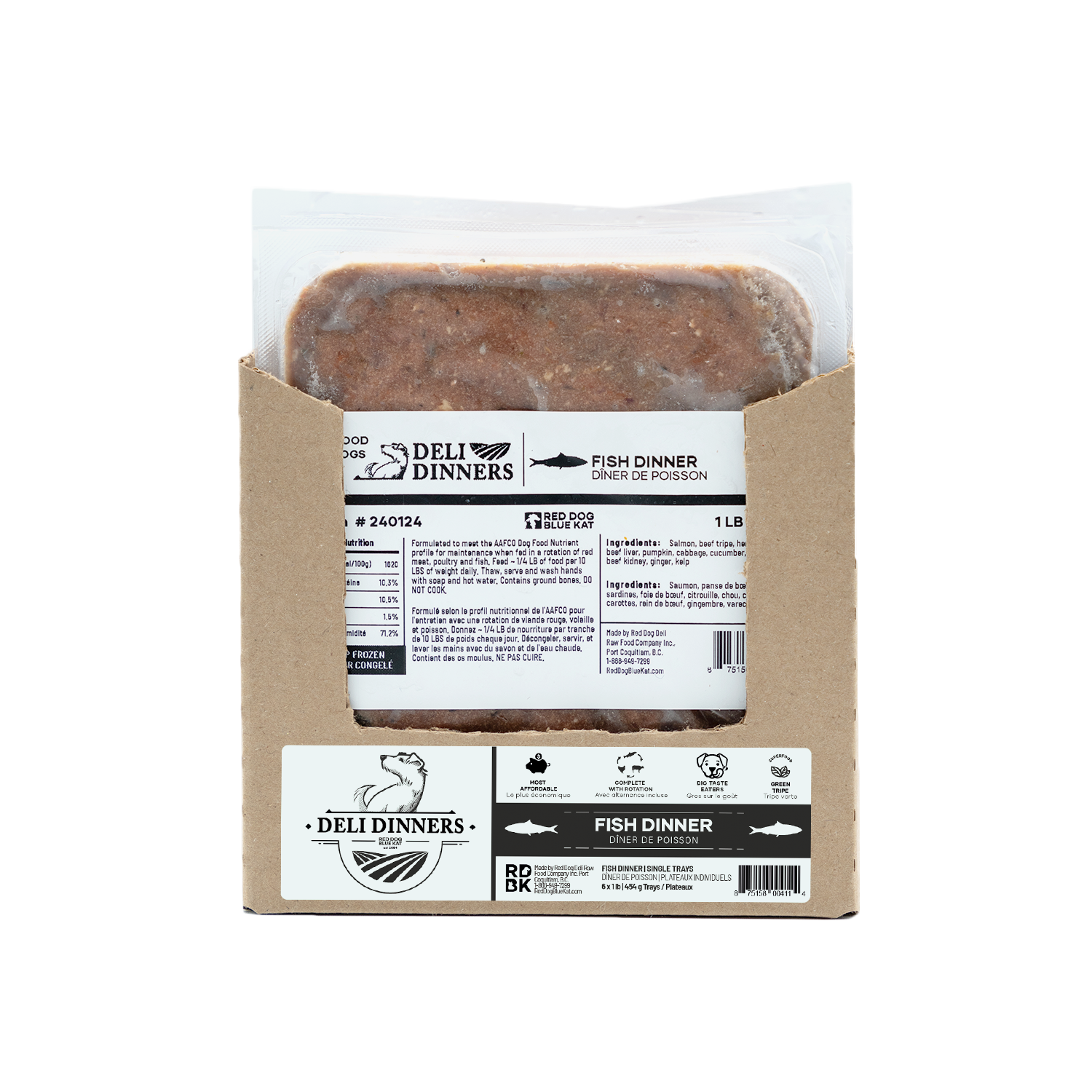 Deli Dinners | Fish Dinner for Dogs 1 lb SINGLES (Case 6 CT) Red Dog Blue Kat