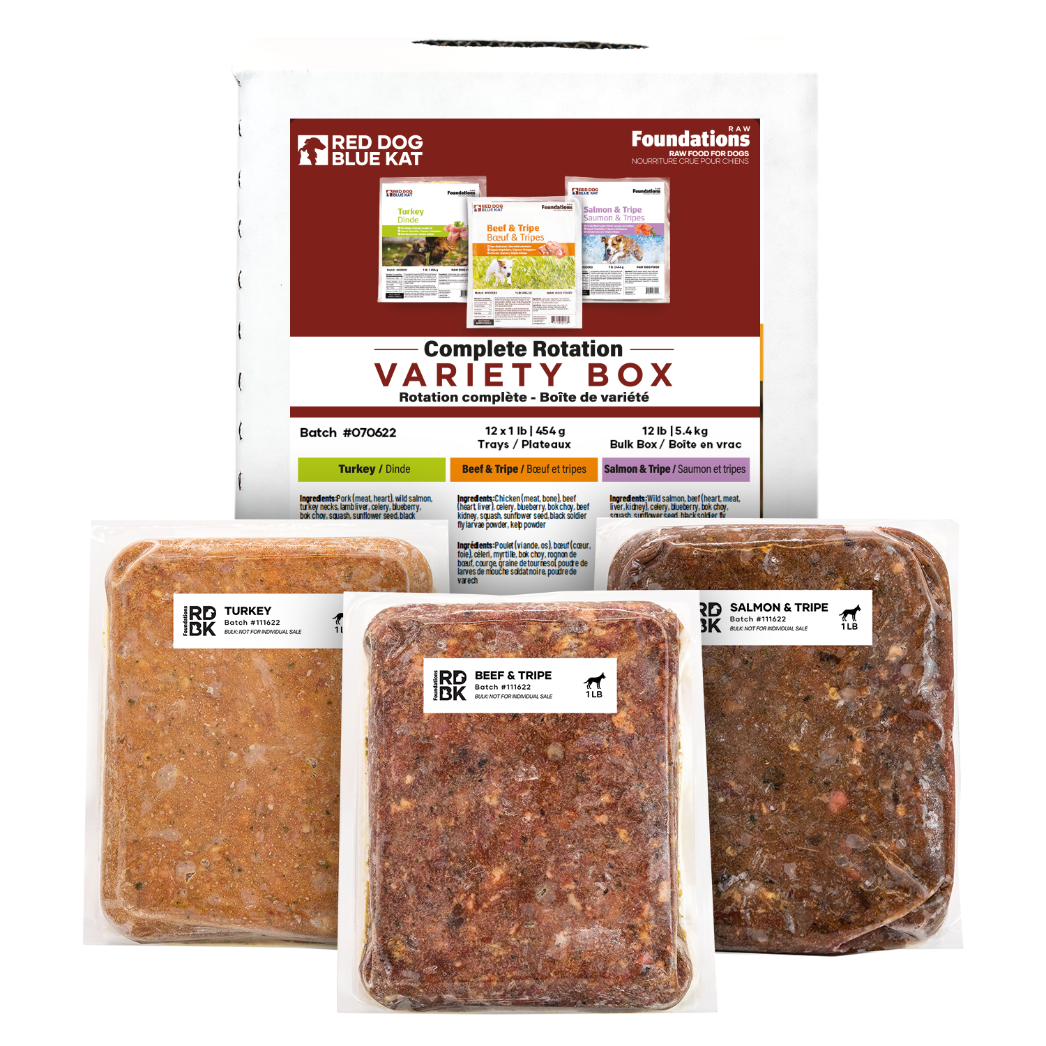 Foundations Variety Pack for Dogs - Bulk (12 x 1lb) Recipes: 4 x Turkey / 4 x Beef & Tripe / 4 x Salmon Red Dog Blue Kat
