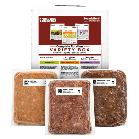 Foundations Variety Pack for Dogs - Bulk (12 x 1lb) Recipes: 4 x Turkey / 4 x Beef & Tripe / 4 x Salmon Red Dog Blue Kat
