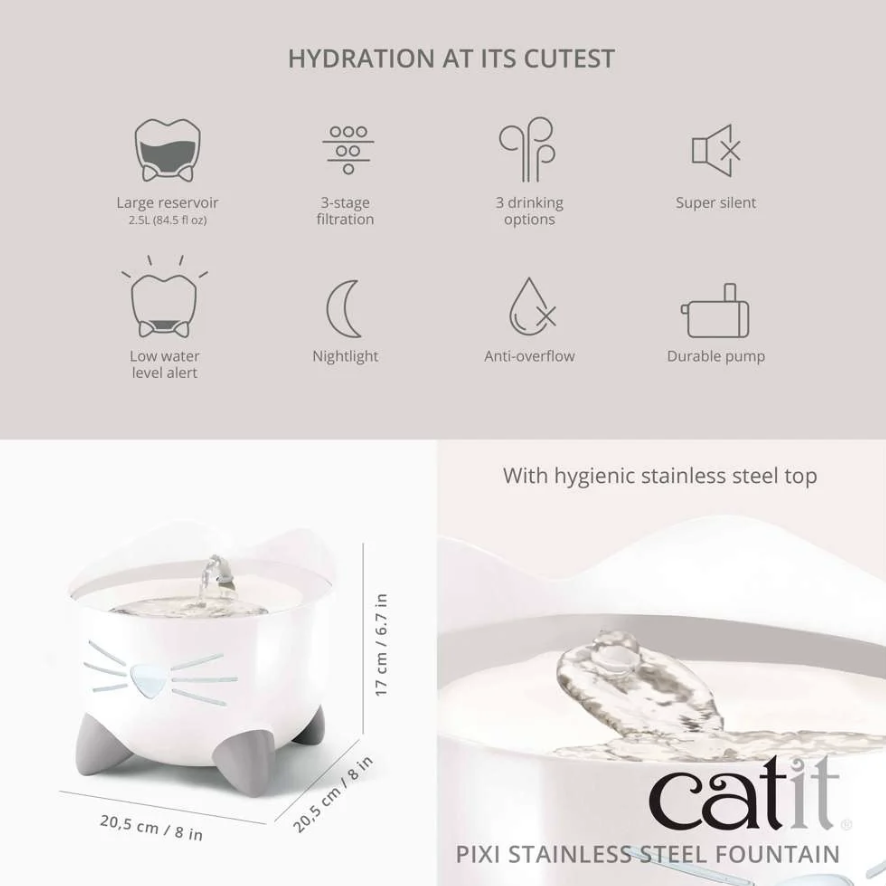 Catit PIXI Fountain - White with Stainless Steel Top - 2.5 L URBAN PAW PETS