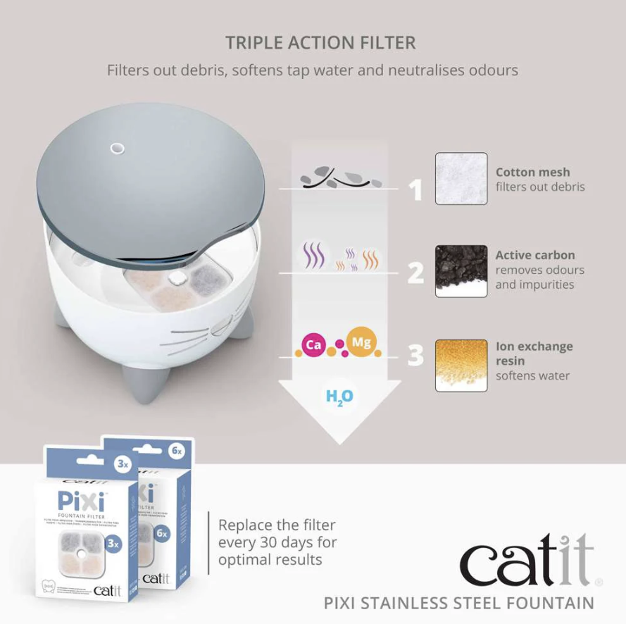 Catit PIXI Fountain - White with Stainless Steel Top - 2.5 L URBAN PAW PETS
