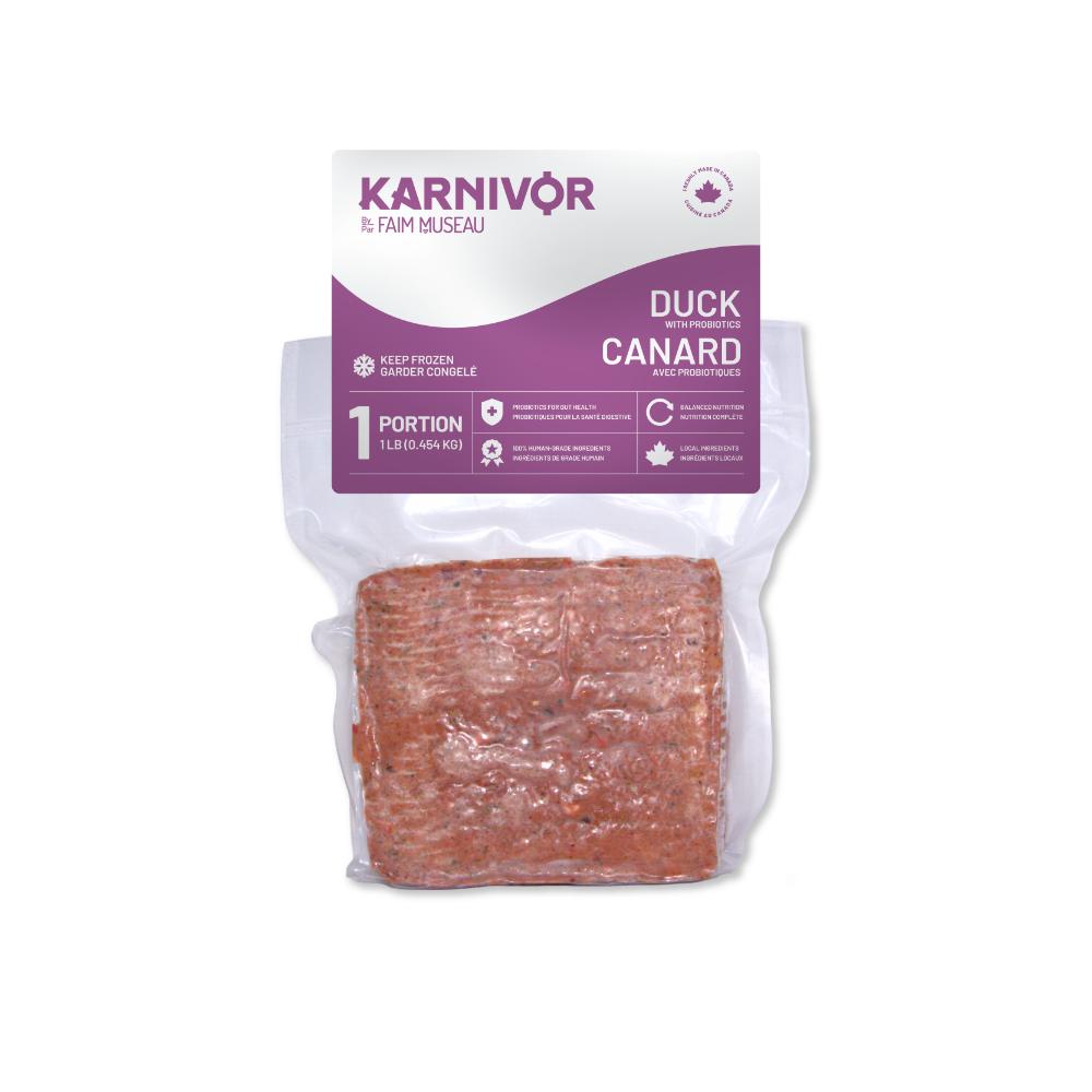 KARNIVOR Dog Raw Frozen Duck w/probiotics 16oz Single Portion
